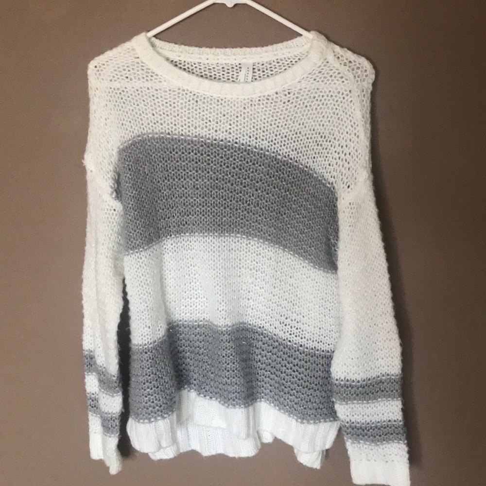 Fuzzy, knitted, grey & white striped sweater